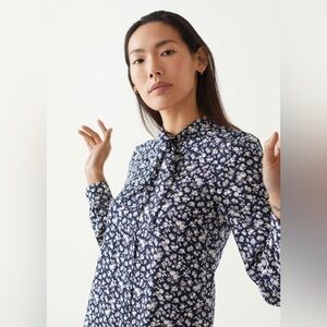 NWT & Other Stories Mini Dress, Size 2 | Scarf Collar Mini Dress in Blue Florals